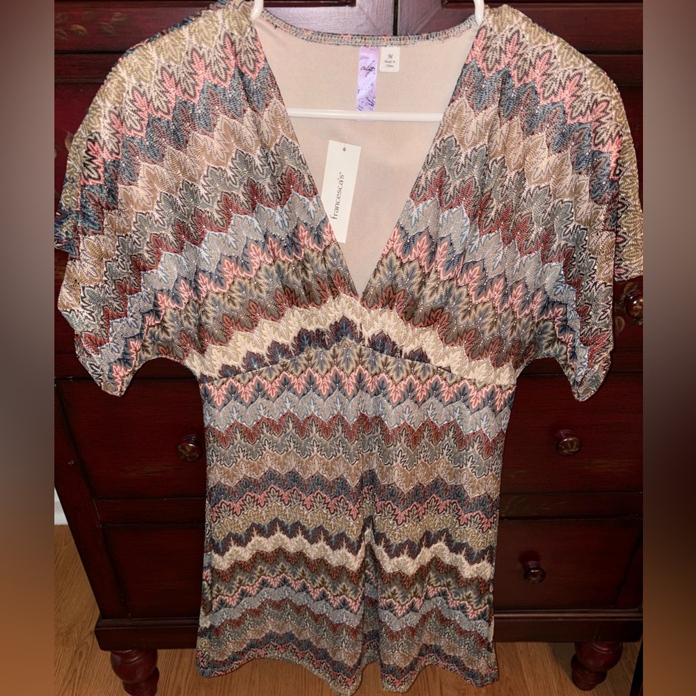Francesca's Collections Brown Tan Graphic Cap Sleeve Mini Dress